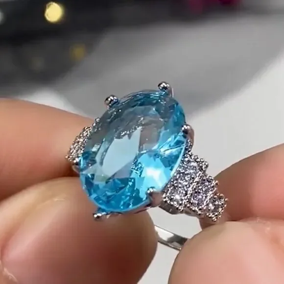 GORGEOUS ❤️925 Sterling Silver Sea Blue Aquamarine Ring Oval - Picture 7 of 10